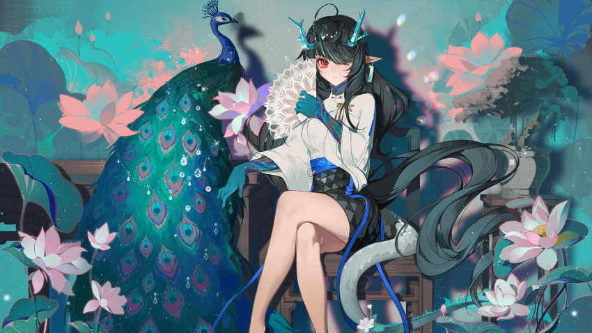 1girl absurdres ahoge ambience_synesthesia api_qwq arknights bird black_hair black_skirt blue_bird blue_hair blue_skin chinese_clothes closed_mouth colored_skin commentary_request crossed_legs dragon_horns dragon_tail dusk dusk_(arknights) earrings expressionless feet_out_of_frame flower hair_over_one_eye hand_fan highres holding holding_fan horns jewelry leaf long_hair looking_at_viewer multicolored_hair official_alternate_costume on_chair one_eye_covered peacock pink_flower pointy_ears red_eyes shirt sitting skirt solo streaked_hair tail white_shirt wide_sleeves