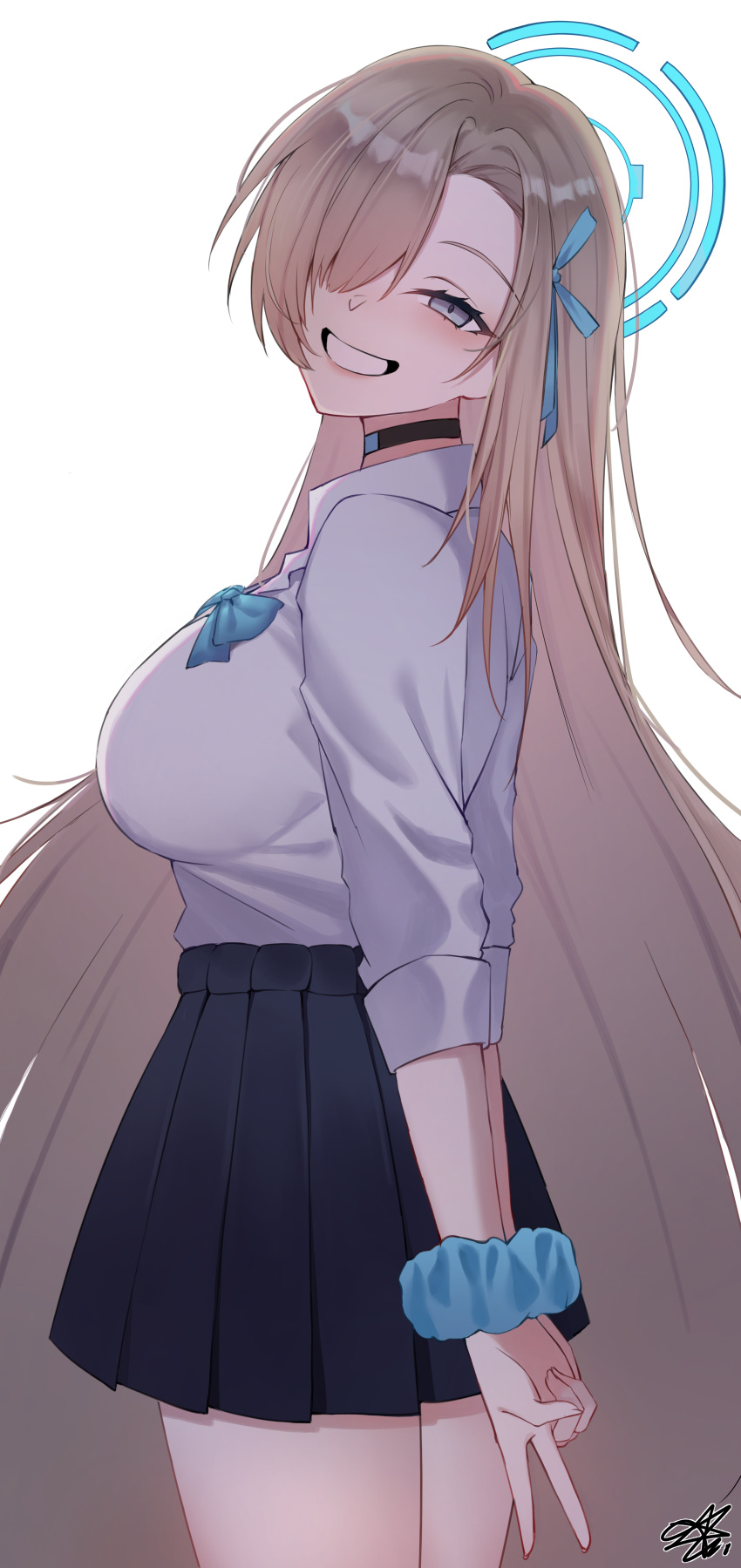 1girl :d absurdres akira_(if_eyeeye) arms_behind_back asuna_(blue_archive) black_choker black_skirt blue_archive blue_bow blue_bowtie bow bowtie breasts choker collared_shirt commentary_request from_side grey_eyes hair_bow hair_ribbon halo head_tilt highres large_breasts light_brown_hair long_hair looking_at_viewer looking_to_the_side official_alternate_costume pleated_skirt ribbon school_uniform scrunchie shirt short_sleeves sidelocks simple_background skirt smile solo v white_background white_shirt wrist_scrunchie