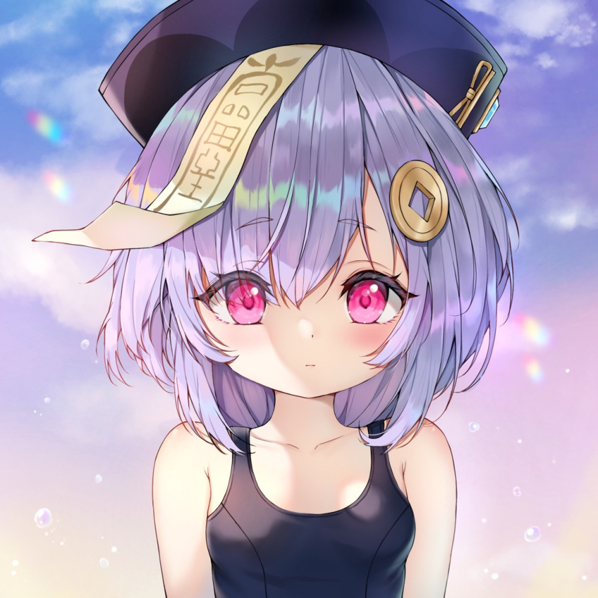 1girl alternate_costume blurry blush clouds cloudy_sky coin_hair_ornament collarbone commentary_request depth_of_field genshin_impact hair_between_eyes hair_ornament hat jiangshi long_hair looking_at_viewer ofuda outdoors portrait purple_hair qing_guanmao qiqi_(genshin_impact) school_swimsuit sidelocks sky sleeveless solo swimsuit twilight violet_eyes yutian_alice