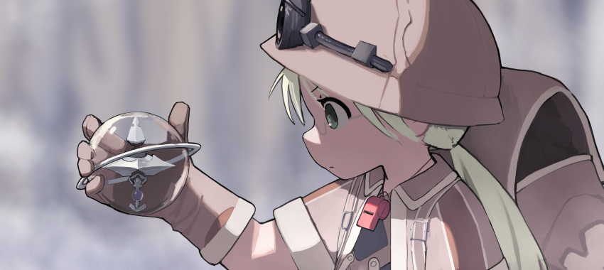 1girl absurdres backpack bag blonde_hair blurry blurry_background brown_bag brown_gloves brown_headwear brown_jacket closed_eyes compass concentrating female_child glasses gloves green_eyes headlamp helmet highres holding jacket long_hair looking_at_hand looking_at_object made_in_abyss mining_helmet riko_(made_in_abyss) siroa star_compass twintails upper_body whistle whistle_around_neck