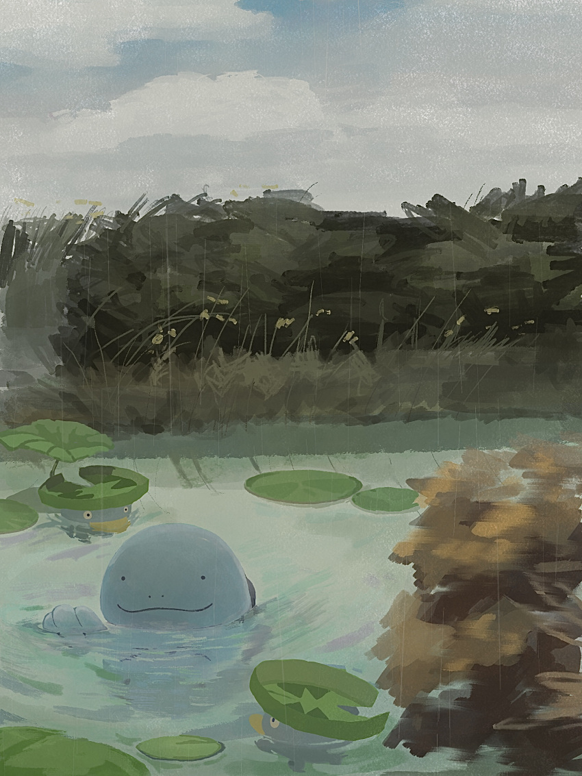 black_eyes closed_mouth day highres lily_pad lotad no_humans outdoors pokemon pokemon_(creature) quagsire rain ripples smile swimming water zai_(3333333333353pk)