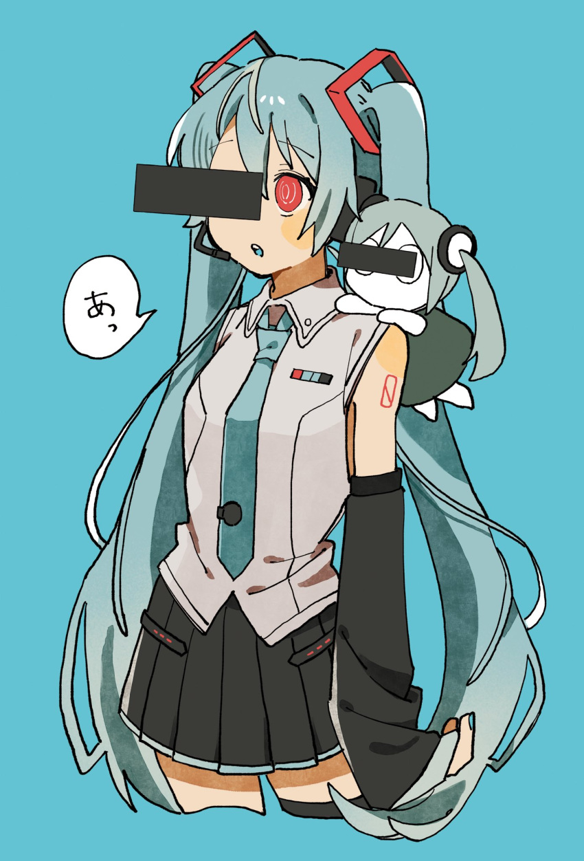 1girl aimaina bar_censor black_skirt black_sleeves blue_background blue_hair blue_nails blue_necktie blush_stickers censored detached_sleeves hatsune_miku highres identity_censor long_hair nanataroo_7 necktie open_mouth red_eyes simple_background skirt tokumei_m_(vocaloid) twintails very_long_hair vocaloid