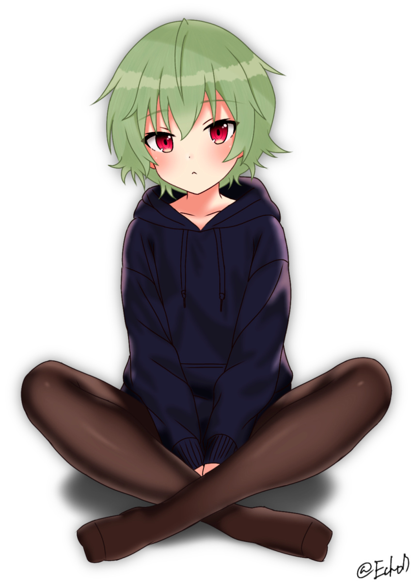 1girl arms_between_legs black_sweater collarbone crossed_legs cue! green_hair highres kano_shiho long_sleeves looking_at_viewer pantyhose red_eyes short_hair simple_background sitting solo sweater white_background