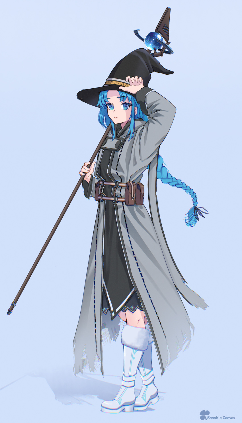 1girl absurdres artist_name blonde_hair blue_eyes boots braid cape dress eyelashes full_body hat highres holding holding_staff lara_greyrat long_hair mushoku_tensei sanoh's_canvas simple_background single_braid solo staff witch_hat