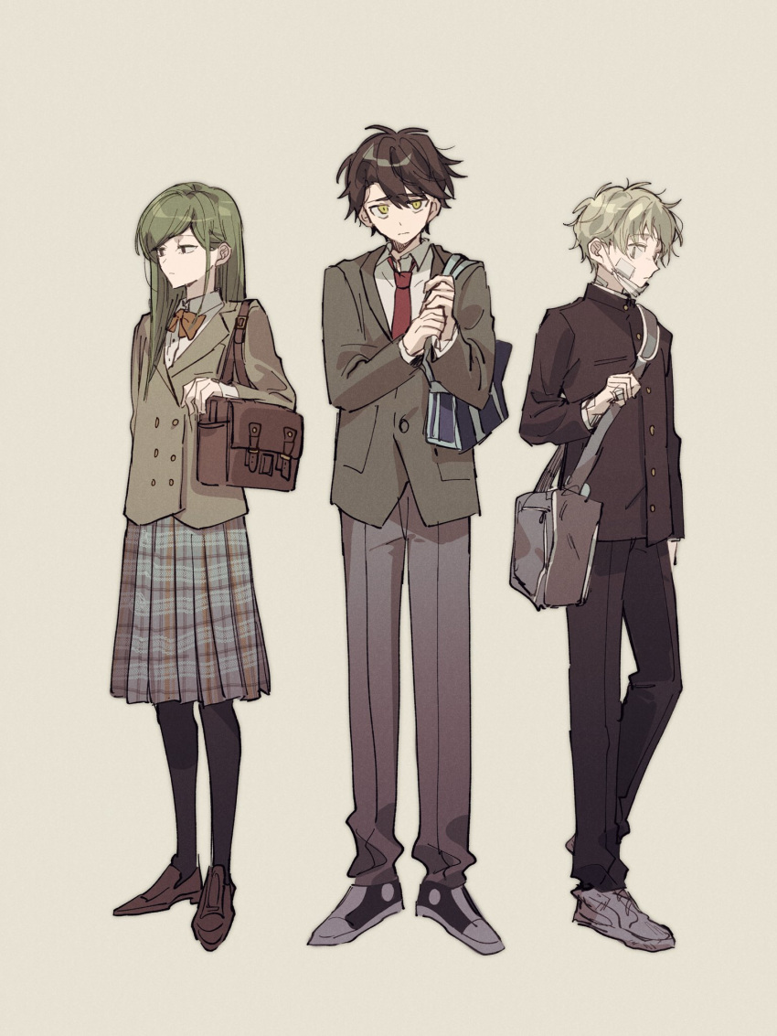 1girl 2boys :| alternate_costume arm_at_side bag bandage_on_face bandages black_footwear black_hair black_jacket black_pantyhose blazer blonde_hair blue_bag bow bowtie brown_bag brown_footwear buttons closed_mouth collared_jacket commentary double-breasted full_body gakuran green_hair grey_background grey_bag grey_jacket grey_skirt hair_over_shoulder highres holding holding_bag jacket kagerou_project kano_shuuya kido_tsubomi lapels loafers long_sleeves looking_at_viewer looking_away looking_down looking_to_the_side loose_necktie mask mask_pull messy_hair mokemoke_chan mouth_mask multiple_boys muted_color necktie notched_lapels orange_bow orange_bowtie pantyhose pleated_skirt pocket purple_hair red_necktie school_bag school_uniform seto_kousuke shirt shoes short_hair sideways_glance simple_background skirt standing straight_hair surgical_mask unhappy white_mask white_shirt yellow_eyes