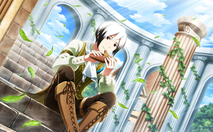 1boy architecture black_hair blue_sky boots brown_footwear fingernails highres holding holding_instrument idolmaster idolmaster_side-m idolmaster_side-m_live_on_stage! instrument kitamura_sora knee_boots long_sleeves male_focus multicolored_hair official_art orange_eyes plant sitting sky stairs vines white_hair