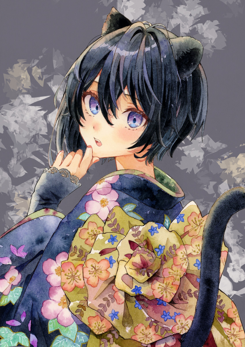 1girl absurdres animal_ears black_hair black_kimono black_tail cherry_blossom_print floral_print from_behind grey_background hair_between_eyes hand_on_own_chin hand_up highres japanese_clothes kimono looking_at_viewer open_mouth original short_hair solo tail tail_raised teeth turning_head upper_body upper_teeth_only violet_eyes yuyuharu_1027