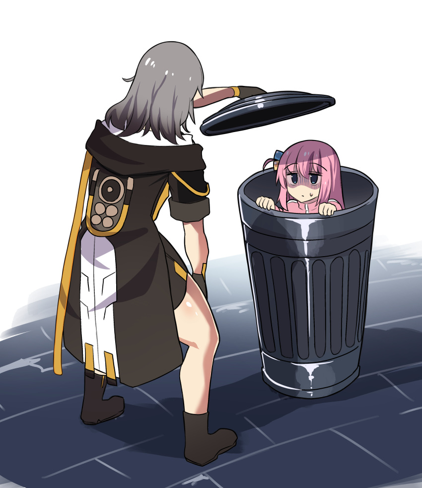 2girls absurdres arm_support black_gloves black_jacket bocchi_the_rock! comedy commentary crossover cube_hair_ornament english_commentary full_body gloves gotou_hitori grey_hair hair_between_eyes hair_ornament highres hinghoi holding honkai:_star_rail honkai_(series) in_trash_can jacket leaning_forward lid long_hair long_sleeves looking_at_another multiple_girls one_side_up opening pink_hair pink_jacket pink_track_suit shaded_face sidelocks stelle_(honkai:_star_rail) track_jacket trailblazer_(honkai:_star_rail) trash_can trashcan_lid turtleneck turtleneck_jacket yellow_trim