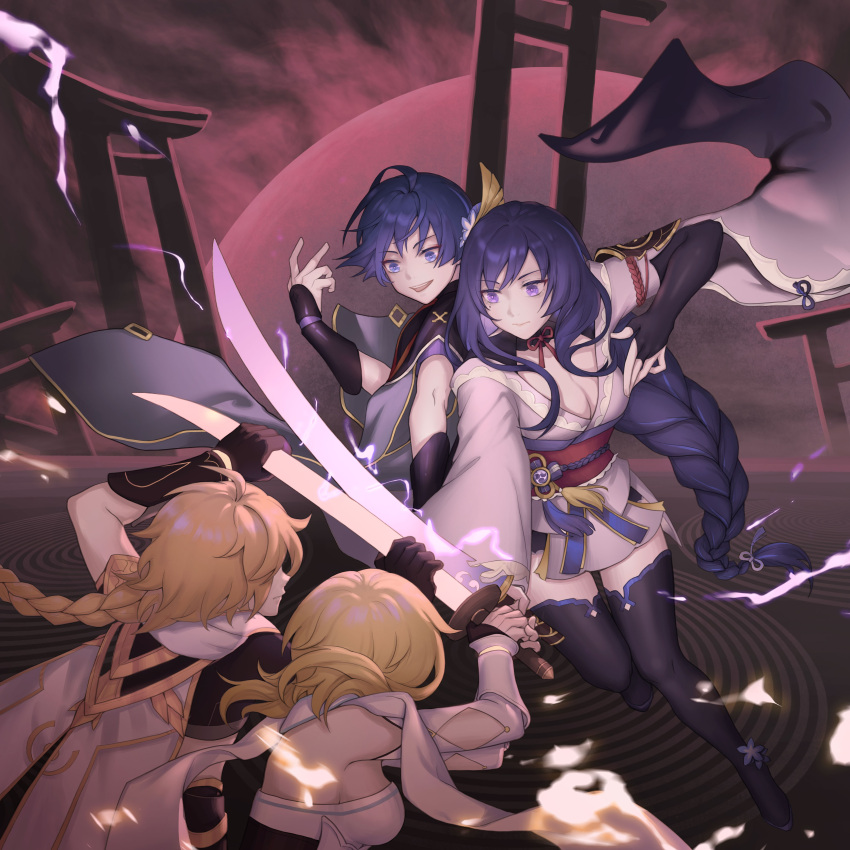 2boys 2girls absurdres aether_(genshin_impact) blonde_hair blue_eyes blue_hair blunt_bangs braid brother_and_sister electricity faceless faceless_female faceless_male fighting genshin_impact glowing glowing_weapon hair_ornament highres holding holding_weapon japanese_clothes long_braid looking_ahead looking_at_another lumine_(genshin_impact) mole mole_under_eye mother_and_son multiple_boys multiple_girls purple_hair raiden_shogun scaramouche_(genshin_impact) short_hair siblings side-by-side single_braid violet_eyes weapon yanyunzi477
