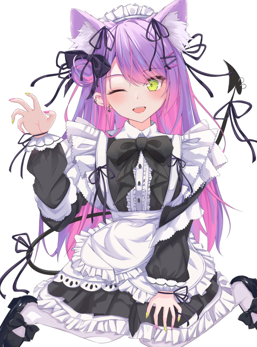 1girl ;d alternate_costume animal_ear_fluff animal_ears apron black_ribbon black_shirt black_skirt blush bow cat_ears center_frills claw_pose colored_inner_hair demon_tail ear_piercing earrings enmaided footwear_bow frilled_apron frills gradient_hair green_eyes hair_bun hair_ornament hair_ribbon hairclip heart heart_earrings high_heels highres hololive jewelry long_hair long_sleeves looking_at_viewer maid maid_apron maid_headdress mary_janes multicolored_hair multicolored_nails mumei_(mumeillust1123) nail_polish official_alternate_hairstyle one_eye_closed pantyhose petticoat piercing pink_hair pink_nails purple_hair ribbon shirt shoes single_side_bun sitting skirt smile solo swept_bangs tail tail_ornament tail_piercing tokoyami_towa virtual_youtuber waist_apron wariza white_apron white_background white_pantyhose yellow_nails