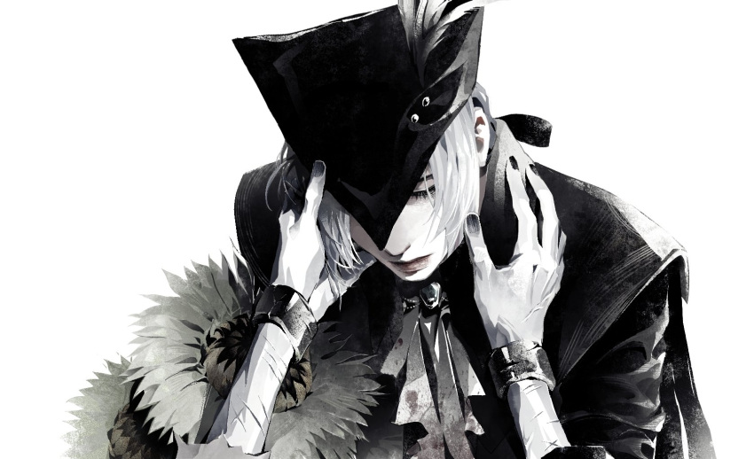 1girl ascot blood blood_stain bloodborne bracelet cape closed_eyes coat eyelashes fingernails flower from_software gem greyscale hair_ribbon hand_in_another's_hair hat hat_feather highres jewelry lady_maria_of_the_astral_clocktower lips long_sleeves megasus monochrome neck_ribbon one_eye_covered pendant reaching ribbon scratches sidelocks simple_background solo_focus sunflower tricorne white_background white_hair