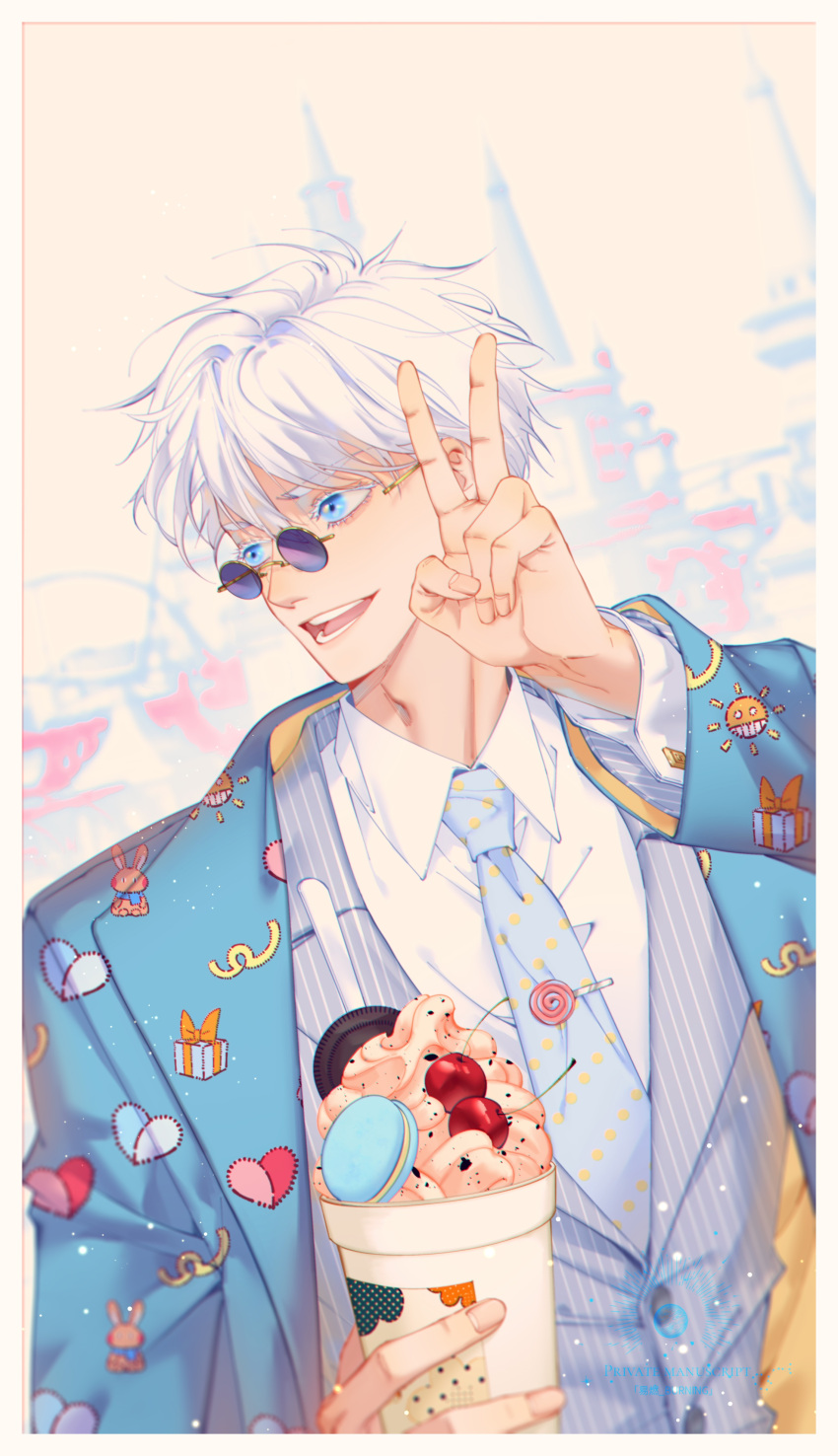 1boy absurdres alternate_costume blue_coat blue_eyes blue_necktie border cherry coat collared_shirt colored_eyelashes commentary_request cup disposable_cup food formal fruit gojou_satoru grey_jacket hand_up heart heart_print highres holding holding_cup jacket jujutsu_kaisen layered_sleeves looking_to_the_side macaron male_focus necktie no_blindfold open_mouth oreo polka_dot_necktie print_coat purple-tinted_eyewear round_eyewear shirt short_hair solo striped striped_jacket suit suit_jacket teeth tie_clip tinted_eyewear turning_head two-sided_coat two-sided_fabric upper_body v vertical-striped_jacket vertical_stripes watermark whipped_cream white_hair white_shirt yellow-framed_eyewear yiburning