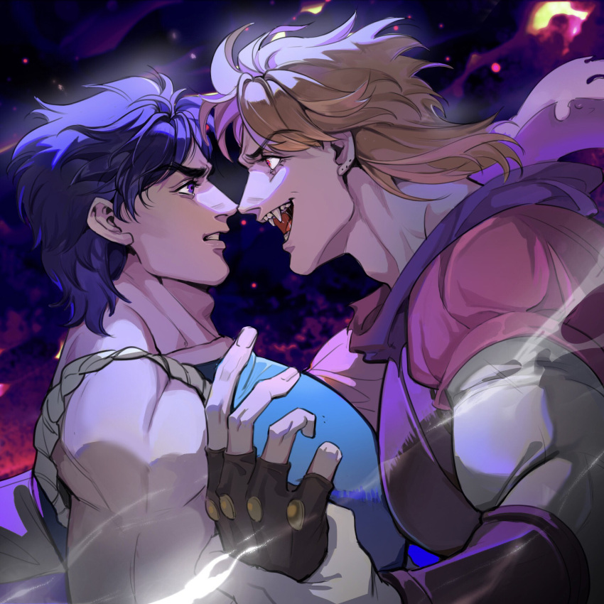 2boys adam's_apple blonde_hair blue_hair dio_brando ear_birthmark fangs fingerless_gloves gloves highres holding_another's_wrist jojo_no_kimyou_na_bouken jonathan_joestar male_focus mullet multiple_boys night night_sky phantom_blood purple_scarf red_eyes scarf sky spadelake vampire violet_eyes