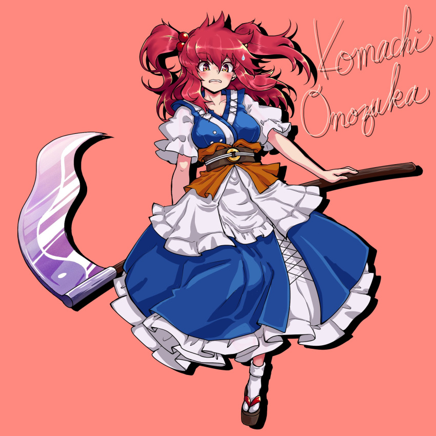 1girl blue_dress blush carbohydrate_(asta4282) character_name dress hair_bobbles hair_ornament highres multiple_girls onozuka_komachi phantasmagoria_of_flower_view red_background red_eyes redhead sandals sash scythe short_hair surprised sweatdrop touhou two_side_up