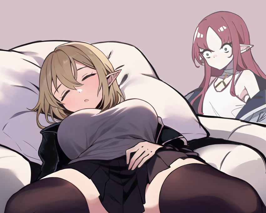 2girls arknights black_skirt black_thighhighs blonde_hair breast_envy breasts couch durin_(arknights) ear_piercing flat_chest green_eyes highres jacket large_breasts looking_at_another lying multiple_girls myown myrtle_(arknights) off_shoulder on_back open_clothes open_jacket open_mouth piercing pillow pleated_skirt pointy_ears redhead shirt skirt sleeping spread_legs thigh-highs upper_body white_shirt
