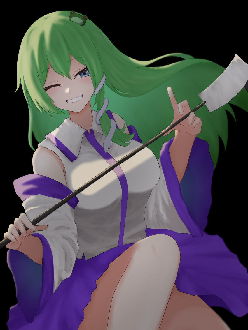 1girl ;d absurdres black_background blue_skirt breasts collared_shirt commentary detached_sleeves frog_hair_ornament gohei green_eyes green_hair hair_ornament hair_tubes highres holding kochiya_sanae long_hair looking_at_viewer moriforest1040 one_eye_closed parted_lips shirt simple_background skirt smile snake_hair_ornament solo touhou white_shirt