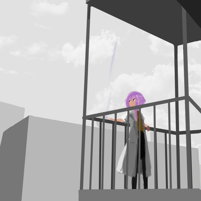1girl absurdres against_railing alternate_costume balcony between_fingers black_pants cigarette commentary_request grey_theme highres holding holding_cigarette kagari-lunatic lab_coat leaning_back light_purple_hair looking_back open_labcoat overcast pants railing shirt sky sleeves_rolled_up smoke_trail solo standing violet_eyes vocaloid voiceroid wide_shot yellow_shirt yuzuki_yukari
