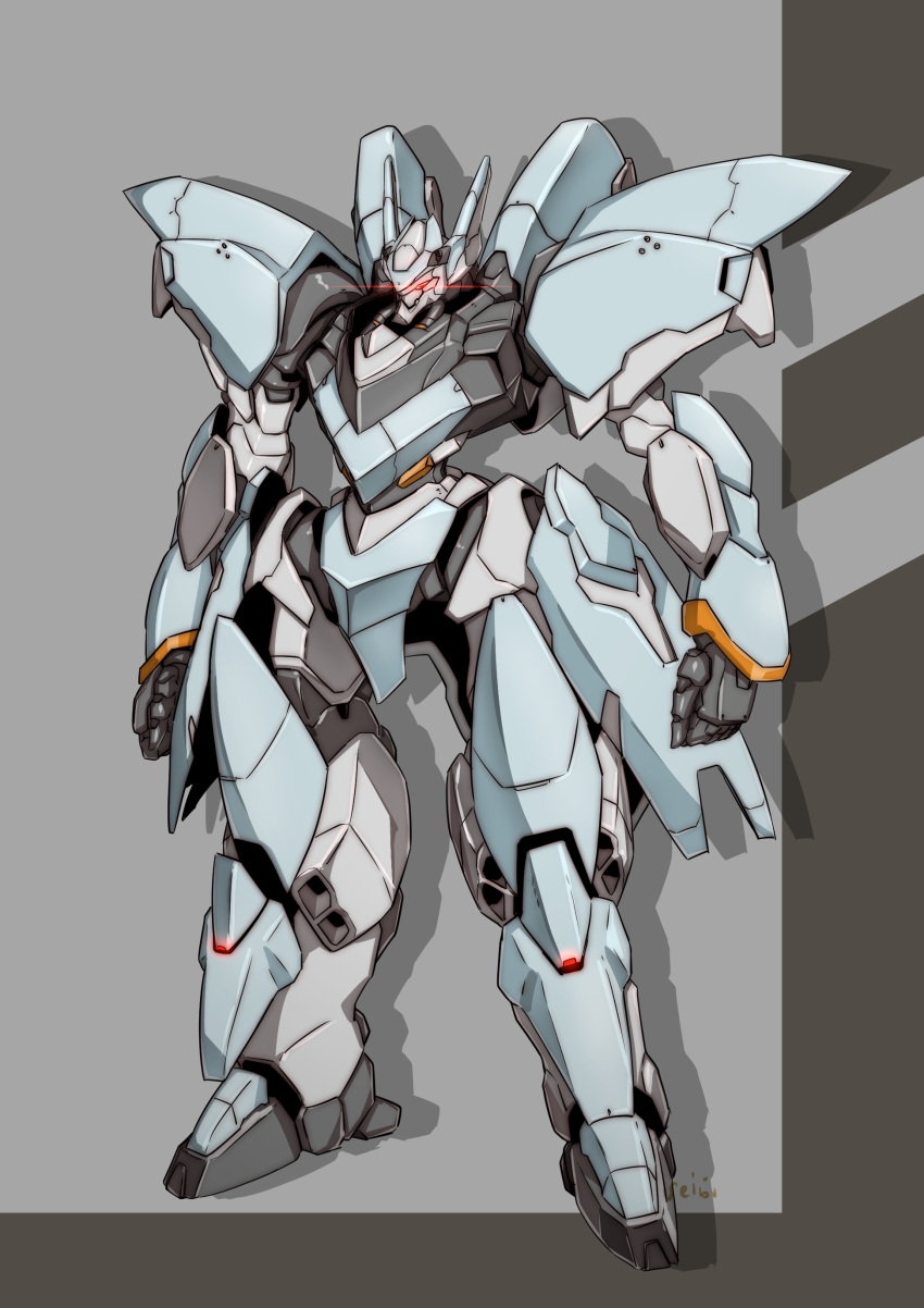 absurdres full_body glowing glowing_eyes grey_background highres looking_ahead mecha no_humans original red_eyes robot science_fiction seibi_hanchou shadow solo standing
