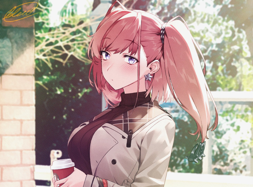1girl atlanta_(kancolle) black_sweater blew_andwhite blue_eyes blush breasts brown_hair buttons closed_mouth coat coffee_cup cup disposable_cup earrings grey_coat holding holding_cup jewelry kantai_collection large_breasts long_hair long_sleeves outdoors ribbed_sweater signature single_earring solo star_(symbol) star_earrings sweater turtleneck turtleneck_sweater twintails two_side_up upper_body