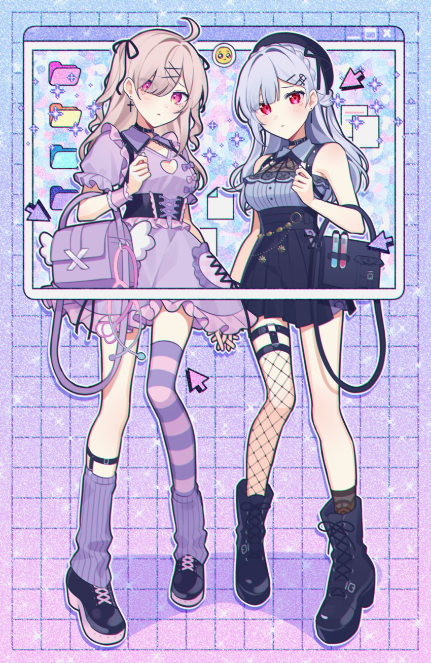 2girls ahoge beret black_choker black_corset black_footwear black_headwear black_skirt blonde_hair boots choker clothing_cutout collared_dress corset cross-laced_footwear cursor dress emoji fishnet_thighhighs fishnets frilled_dress frills full_body grey_hair hair_ornament hakase_fuyuki hat heart_cutout highres leg_warmers long_hair multiple_girls nijisanji pink_eyes pleading_face_emoji puffy_short_sleeves puffy_sleeves purple_bag purple_dress purple_leg_warmers purple_thighhighs red_eyes short_sleeves single_thighhigh skirt sleeveless striped striped_thighhighs sukoya_kana thigh-highs virtual_youtuber waka_(wk4444) window_(computing) x_hair_ornament