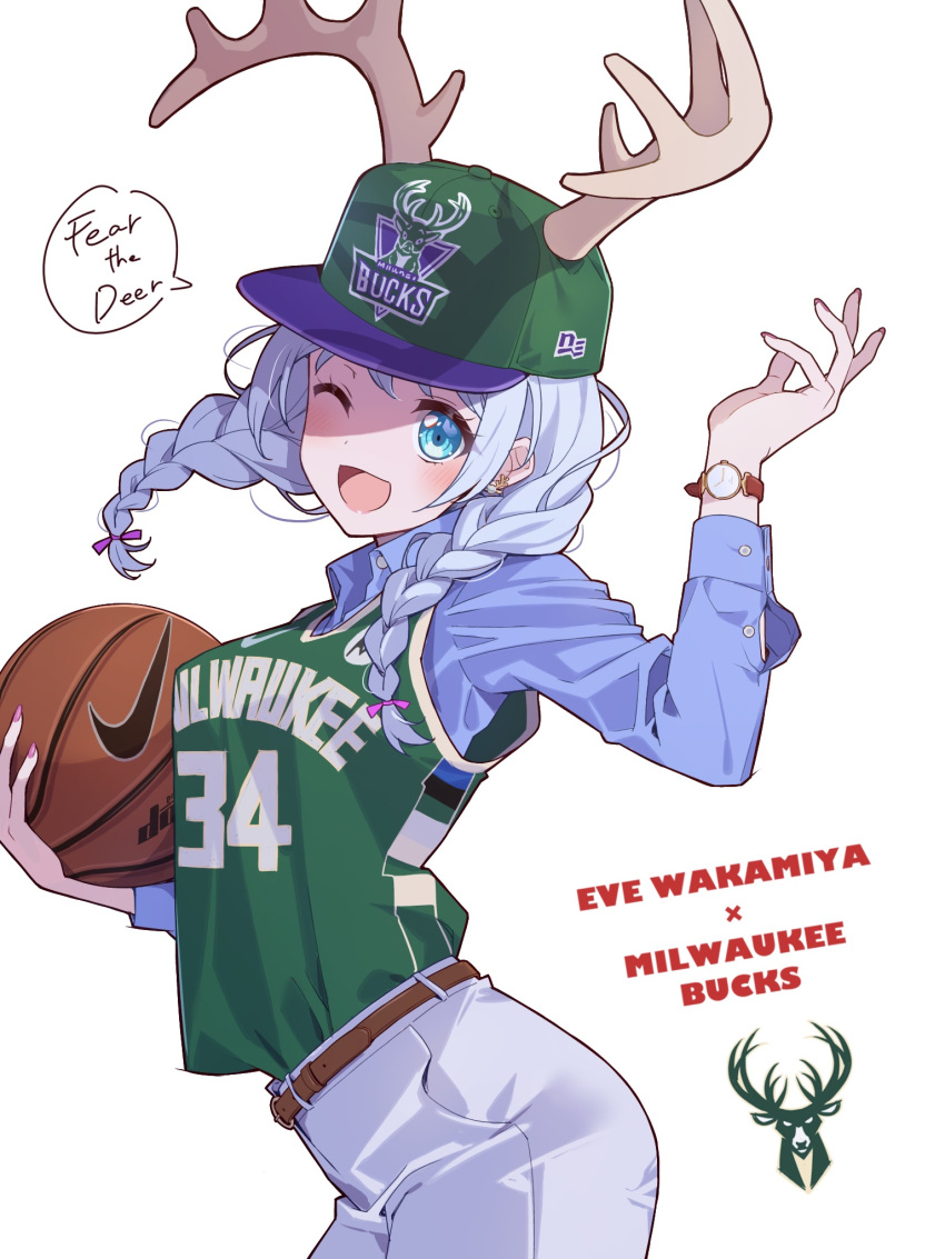 1girl :d antlers arched_back ball bang_dream! basketball_(object) basketball_jersey belt blue_eyes blush braid brown_belt collared_shirt cosplay english_commentary giannis_antetokounmpo giannis_antetokounmpo_(cosplay) green_shirt grey_pants hair_behind_ear highres holding holding_ball logo looking_at_viewer milwaukee_bucks national_basketball_association new_era nike one_eye_closed open_mouth pants shirt shirt_tucked_in smile solo speech_bubble twin_braids wakamiya_eve watch watch white_background yazawa_happyaro