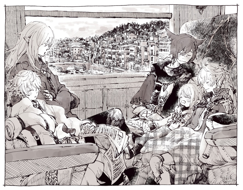 2girls 3boys :3 ahoge alisaie_leveilleur alphinaud_leveilleur animal_ears backpack bag black_pants black_scarf blanket border braid braided_ponytail cat_ears city cityscape closed_eyes collared_jacket commentary crossed_arms drooling elezen elf estinien_varlineau feet_out_of_frame final_fantasy final_fantasy_xiv fringe_trim from_side g'raha_tia hair_ornament hair_ribbon highres holding holding_paper itowff14 jacket jewelry knee_pads lalafell medium_hair miqo'te monochrome multiple_boys multiple_girls open_mouth pants paper pendant pointy_ears ribbon scarf sepia short_hair siblings sitting sleeping swept_bangs train_interior twins warrior_of_light_(ff14) white_border window x_hair_ornament