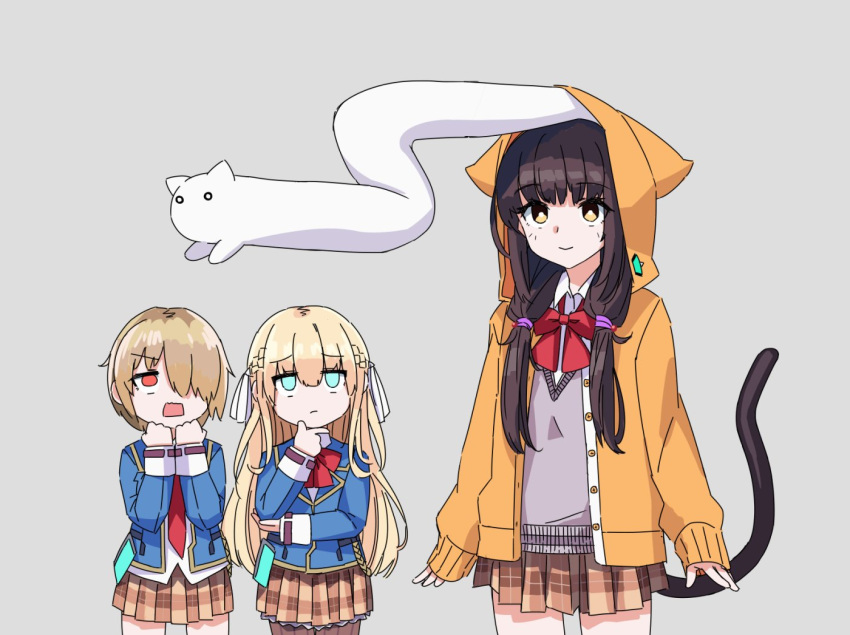 3girls animal_on_head aqua_eyes asakura_karen_(heaven_burns_red) black_hair blonde_hair blue_jacket bow bowtie brown_skirt cat_tail closed_mouth collared_shirt furby_hmt hair_over_one_eye hair_ribbon hand_on_own_chin heaven_burns_red hood hood_up hooded_jacket jacket kayamori_ruka long_hair long_sleeves low_twintails multiple_girls necktie on_head one_eye_covered open_mouth orange_eyes plaid plaid_skirt pleated_skirt red_bow red_bowtie red_necktie ribbon school_uniform shirt short_hair skirt stroking_own_chin sweater_vest tail toujou_tsukasa twintails upper_body white_background white_ribbon yellow_eyes yellow_jacket