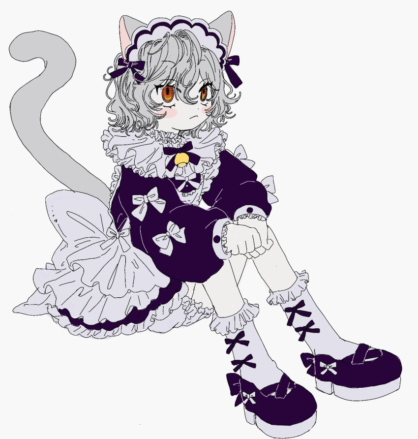 186x6 1other androgynous animal_ears black_bow black_dress bow cat_ears cat_tail chimera_ant curly_hair dress highres hunter_x_hunter long_sleeves maid maid_headdress makeup mary_janes neferpitou other_focus rouge_(makeup) shoes short_hair simple_background sitting socks solo tail white_background white_bow white_hair white_socks