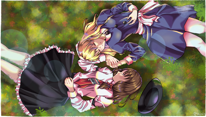 2girls absurdres black_headwear blonde_hair border brown_hair commission commissioner_upload dress guinii4 highres long_hair looking_at_another maribel_hearn multiple_girls necktie on_grass project_heartbeat red_necktie signature sleeping touhou usami_renko white_border