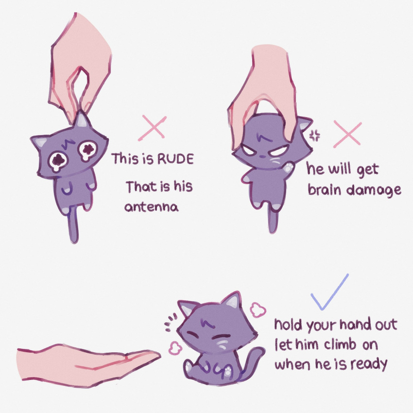 animal animalization cat checkmark disembodied_limb doodlescara english_text genshin_impact grabbing_another's_ear hand_on_another's_ear highres holding holding_animal how_to_hold_x_(meme) looking_at_viewer meme purple_fur scaramouche_(cat)_(genshin_impact) scaramouche_(genshin_impact) squeezing x