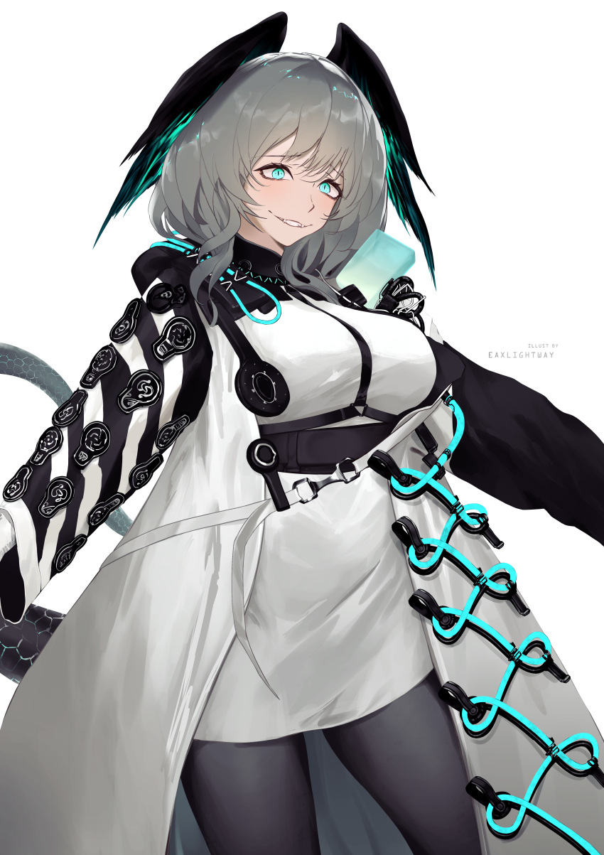 1girl absurdres aqua_eyes aqua_sclera arknights artist_name between_breasts black_pantyhose breasts coat colored_sclera commentary cowboy_shot crazy_eyes crazy_smile dress eaxlightway english_commentary fangs fangs_out feathered_wings grey_hair head_wings highres ho'olheyak_(arknights) infection_monitor_(arknights) large_breasts long_sleeves medium_hair pantyhose pencil_dress slit_pupils snake_tail solo strap_between_breasts tail white_background wings
