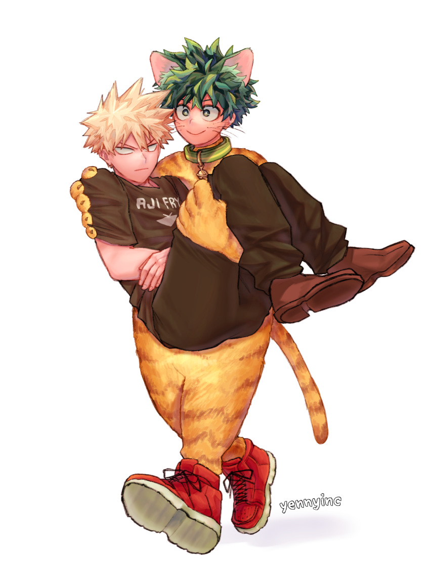 2boys :&gt; animal_costume animal_ears animal_hands artist_name bell black_pants black_shirt blank_eyes blonde_hair boku_no_hero_academia brown_footwear carrying cat_costume cat_ears cat_paws cat_tail claws closed_mouth clothes_writing commentary cosplay cross-laced_footwear dress_shoes freckles full_body green_hair hair_between_eyes happy highres jingle_bell kigurumi male_focus midoriya_izuku multiple_boys neck_bell official_alternate_costume pants princess_carry red_footwear shadow shirt shoe_soles shoes short_sleeves simple_background single_horizontal_stripe smile sneakers spiky_hair t-shirt tail unamused v-shaped_eyebrows walking whiskers white_background yenny_(yennyinc)