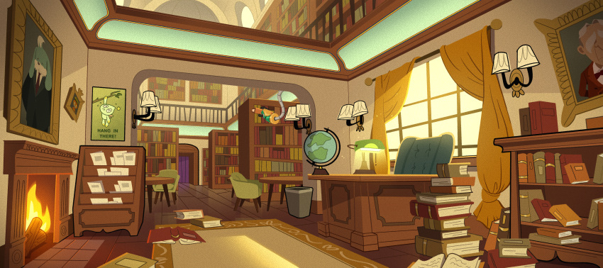 absurdres avatar_(sonic_forces) book bookshelf chair chao_(sonic) conductor_(the_murder_of_sonic_the_hedgehog) curtains day desk digimin english_text fire fireplace globe highres holding holding_book indoors lamp library light_particles light_rays log mechanical_arms monitor no_humans non-web_source official_art open_book photo_(object) picture_frame poster_(object) railing scenery sonic_(series) table the_murder_of_sonic_the_hedgehog train_(the_murder_of_sonic_the_hedgehog) trash_can window wooden_floor