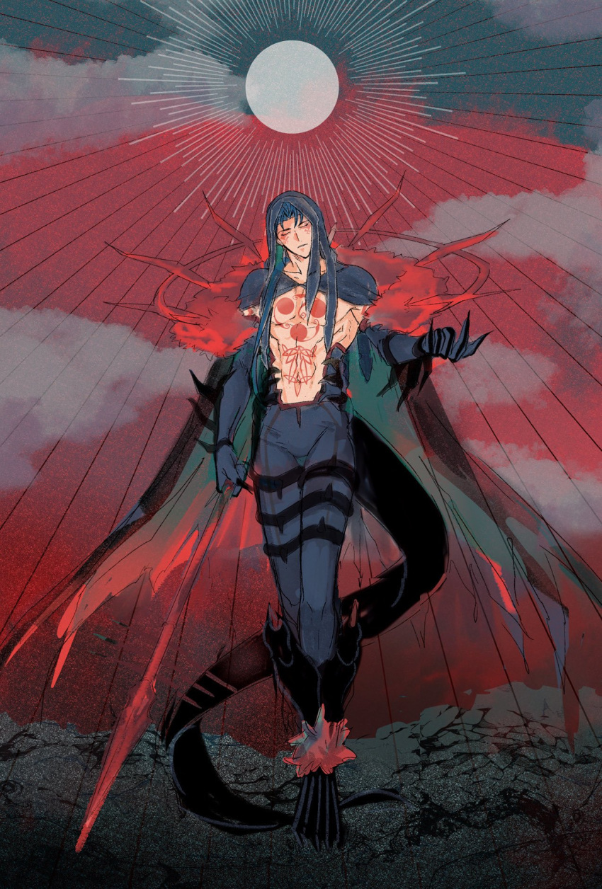 bare_pectorals blue_hair bodypaint cape chest_tattoo closed_eyes clouds cloudy_sky cu_chulainn_(fate) cu_chulainn_alter_(fate) dark_blue_hair dark_persona detached_hood dragon_tail facepaint fate/grand_order fate_(series) fingernails full_body fur-trimmed_cape fur_trim gloves highres holding holding_polearm holding_weapon hood hood_up long_hair male_focus monster_boy osoba_(smen29) outdoors pectorals polearm sharp_fingernails sky solo spear spikes tail tattoo weapon