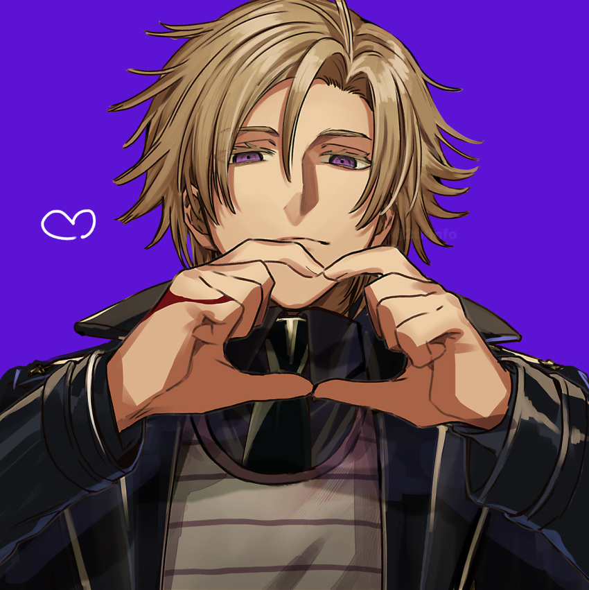 1boy black_coat blonde_hair coat command_spell daybit_sem_void fate/grand_order fate_(series) hair_between_eyes heart heart_hands highres long_sleeves looking_at_viewer looking_down male_focus necktie nitaka_(fujikichi) open_clothes purple_background short_hair simple_background smile solo trench_coat upper_body violet_eyes