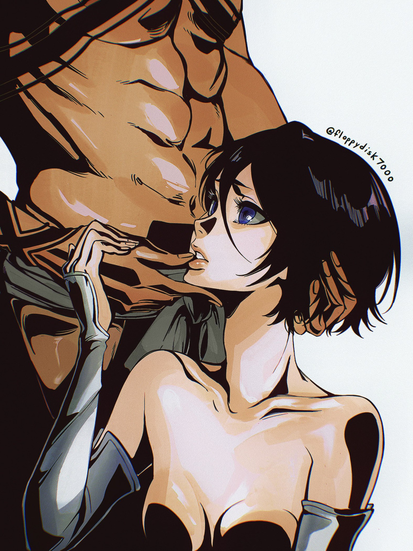 1boy 1girl abs bare_shoulders black_hair bleach bob_cut body_markings breasts collarbone cropped_torso elbow_gloves english_commentary floppydisk7000 from_side gloves hand_on_another's_face hand_on_another's_hand hand_on_another's_head highres kuchiki_rukia kurosaki_ichigo looking_up muscular muscular_male navel parted_lips pectorals short_hair simple_background small_breasts twitter_username upper_body violet_eyes white_background