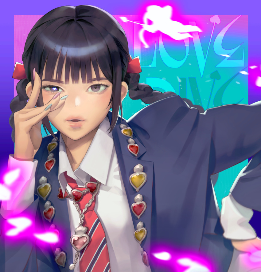 076kim 1girl absurdres black_eyes black_hair blazer blue_jacket blue_nails border braid collared_shirt hair_behind_ear hair_ribbon hand_on_own_hip heart heart_in_eye highres ive_(group) jacket k-pop leaning_to_the_side light_particles looking_at_viewer love_dive_(ive) multicolored_nails nail_polish necktie parted_lips pink_nails portrait purple_border real_life red_necktie red_ribbon rei_(ive) ribbon shirt solo song_name symbol_in_eye twin_braids white_shirt