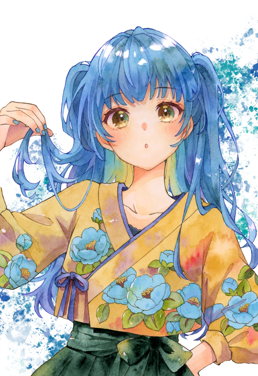 1girl :o absurdres blouse blue_hair brown_eyes camellia_print commentary cropped_shirt floral_print green_hakama hakama hand_on_own_hip hand_up highres holding holding_hair japanese_clothes long_hair looking_at_viewer open_mouth original shirt solo straight-on two_side_up upper_body yellow_shirt yuyuharu_1027