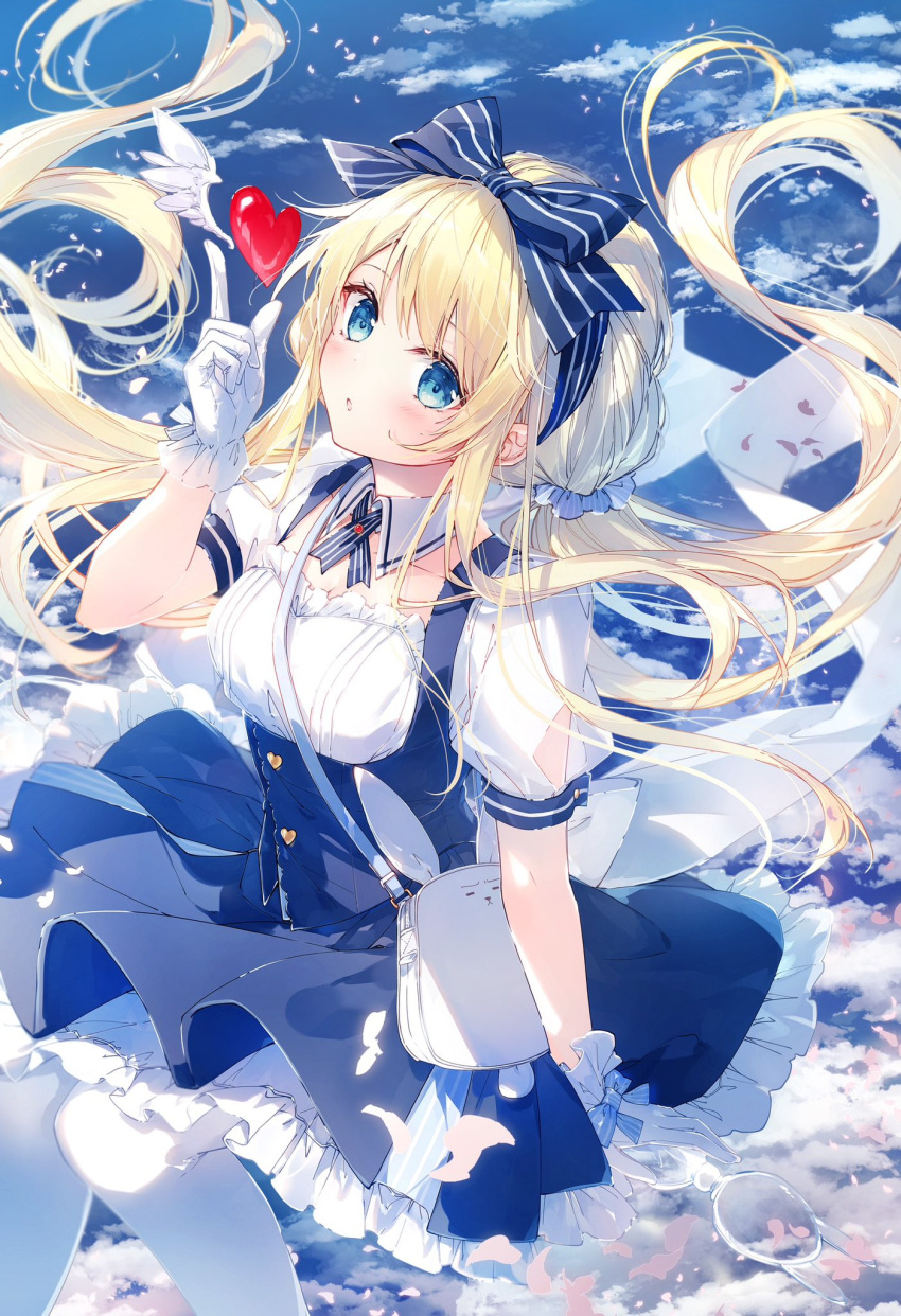 1girl animal_bag bag blonde_hair blue_bow blue_dress blue_eyes blue_ribbon bow buttons clouds cloudy_sky detached_collar dress floating_hair gloves hair_ribbon heart heart_button highres index_finger_raised light_blush long_hair looking_at_viewer low_twintails mochizuki_shiina original petals petticoat puffy_short_sleeves puffy_sleeves rabbit_bag ribbon ribbon-trimmed_gloves ribbon_trim short_sleeves skirt sky solo striped striped_ribbon suspender_skirt suspenders twintails very_long_hair waitress white_gloves white_ribbon winged_heart