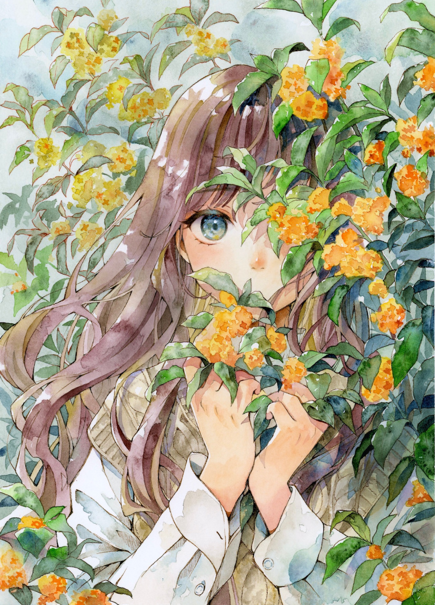 1girl blue_eyes brown_hair brown_sweater_vest buttoned_cuffs commentary_request covered_mouth flower gold_osmanthus hands_up highres leaf long_hair long_sleeves looking_at_viewer one_eye_covered orange_flower original painting_(medium) solo sweater_vest traditional_media upper_body watercolor_(medium) yuyuharu_1027