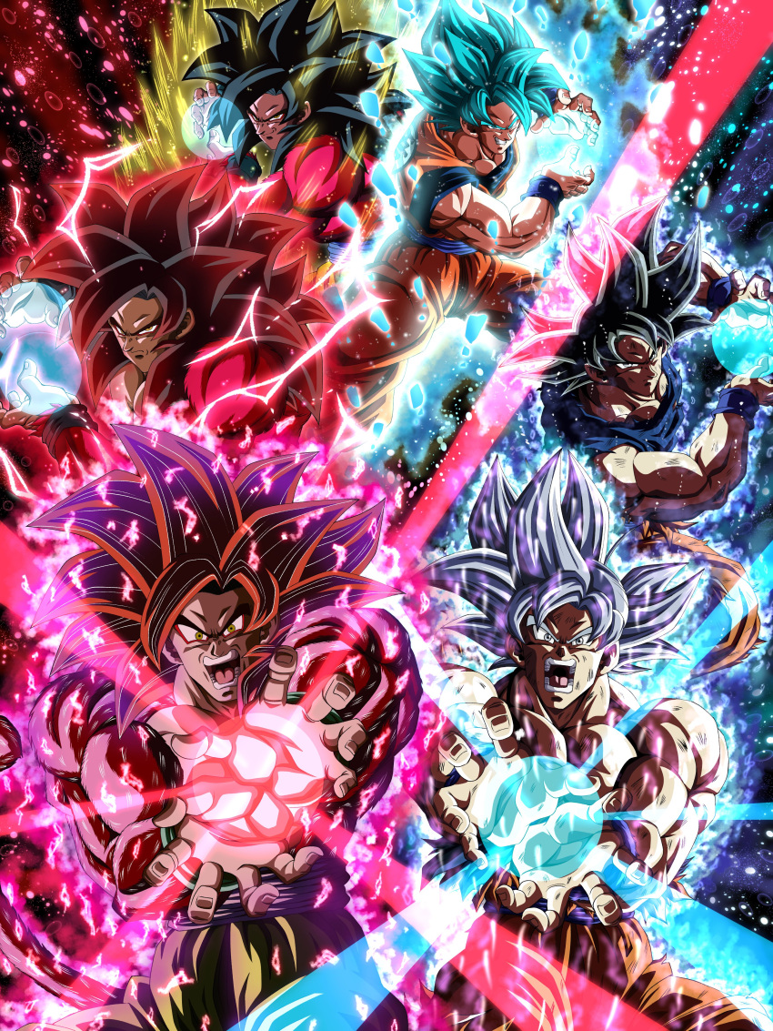 abs absurdres aura biceps black_hair blue_sash blue_wristband body_fur dragon_ball dragon_ball_gt dragon_ball_heroes dragon_ball_super frown highres hiro_(udkod1ezlyi2flo) kamehameha looking_at_viewer male_focus monkey_boy monkey_tail multiple_boys muscular muscular_male no_nipples pants pectorals red_fur saiyan sash serious smile son_goku spiky_hair super_full_power_saiyan_4_limit_breaker super_saiyan super_saiyan_4 super_saiyan_blue tail veins veiny_hands yellow_pants