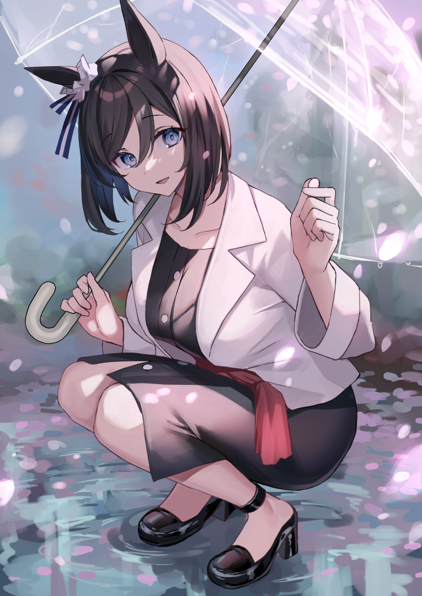 1girl :d absurdres animal_ears bare_legs black_dress black_footwear black_hair black_shirt blazer blue_eyes blurry blurry_background breasts casual collarbone commentary dress ear_scrunchie eishin_flash_(umamusume) from_side full_body hair_between_eyes hands_up high_heels highres hitomin_(ksws7544) holding holding_umbrella horse_ears jacket long_bangs long_sleeves looking_at_viewer medium_breasts medium_dress medium_hair open_clothes open_jacket open_mouth outdoors puddle red_sash sash scrunchie shirt side_slit smile solo squatting strappy_heels transparent transparent_umbrella umamusume umbrella white_jacket white_scrunchie