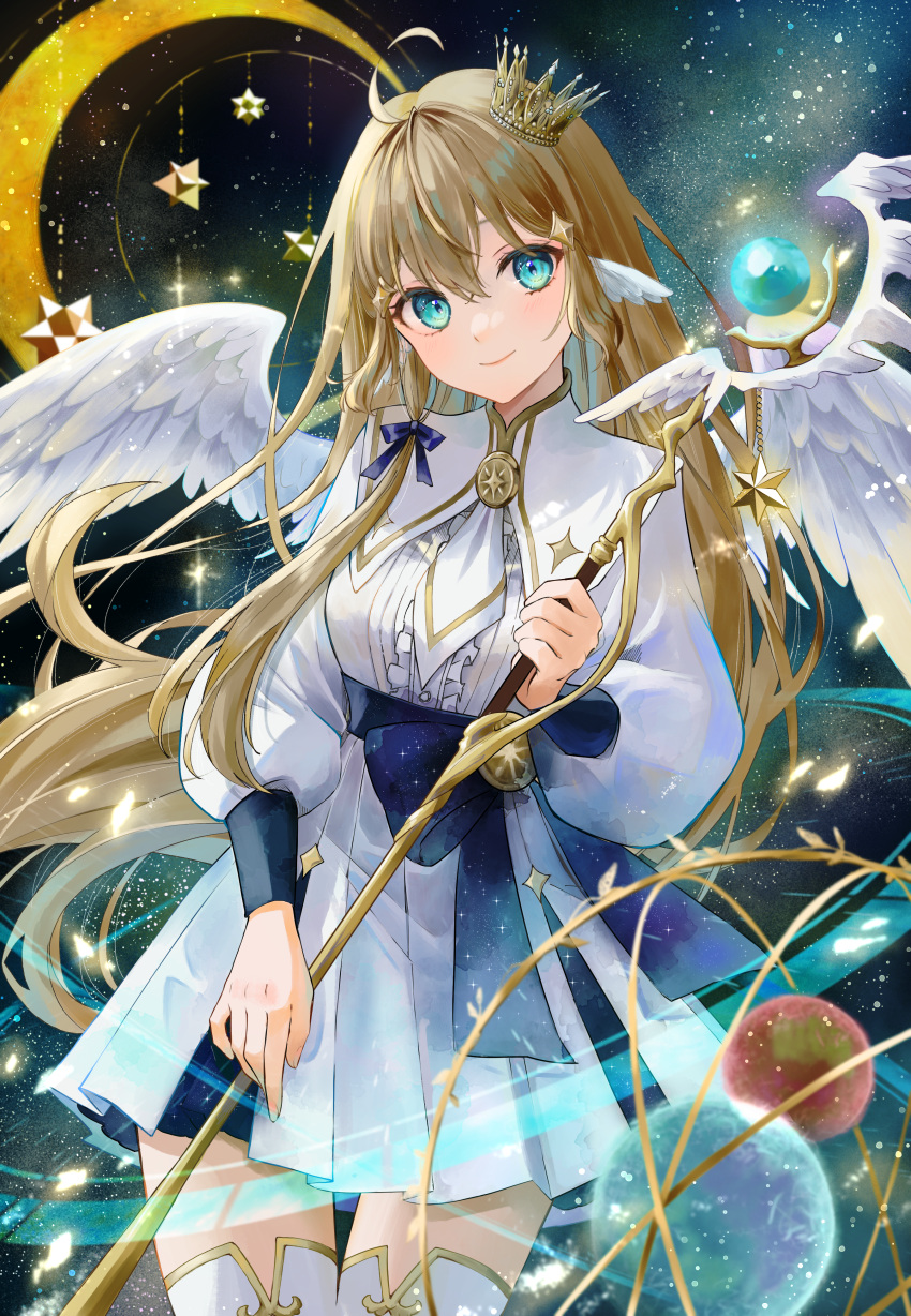 1girl absurdres aqua_eyes aqua_gemstone blue_bow blue_ribbon bow brooch center_frills closed_mouth cowboy_shot dress english_commentary feathered_wings frills gold_trim hair_ribbon head_tilt highres holding holding_staff jewelry light_brown_hair long_hair long_sleeves looking_at_viewer mixed-language_commentary original puffy_sleeves ribbon sleeve_cuffs solo staff thigh-highs white_dress white_thighhighs white_wings wings yuyuharu_1027