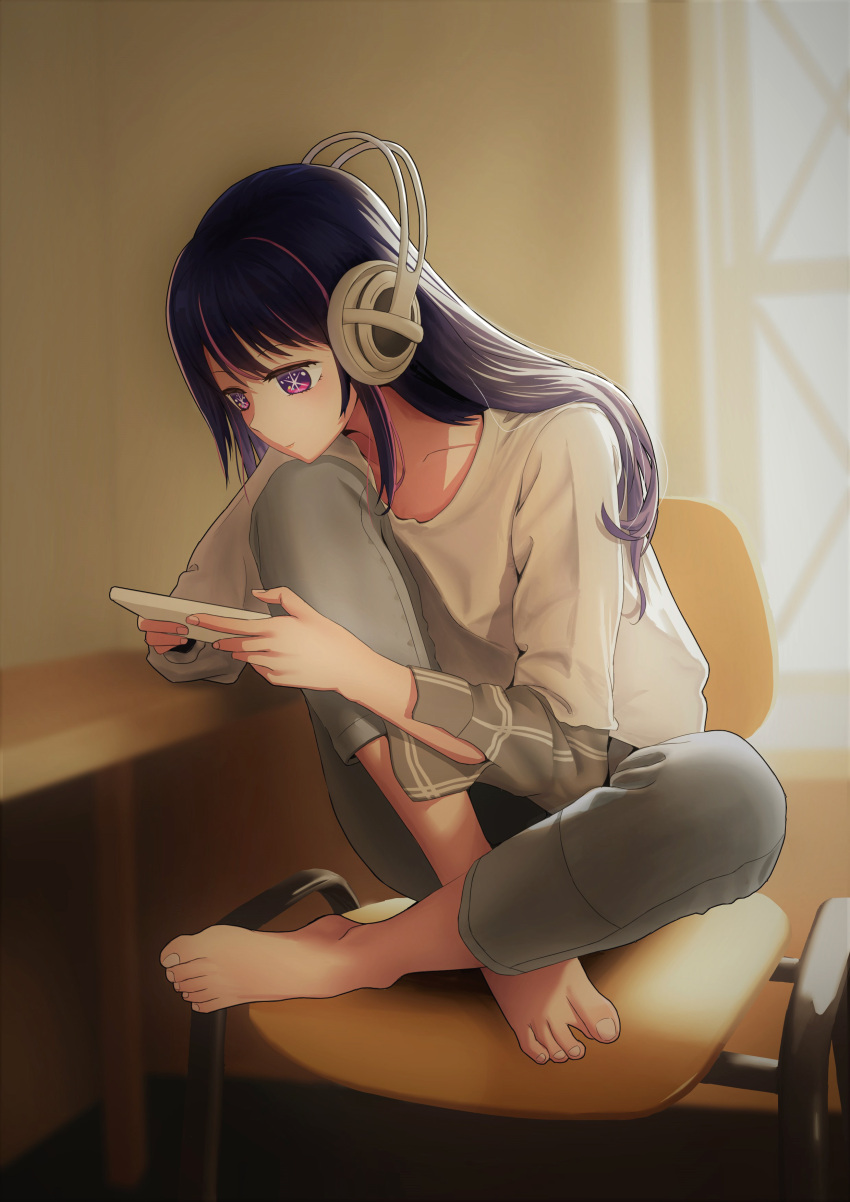 1girl absurdres barefoot casual cellphone chair closed_mouth collarbone commentary dead_knight_(20355611) feet feet_on_chair grey_pants headphones highres holding hoshino_ai_(oshi_no_ko) long_hair multicolored_hair oshi_no_ko pants phone purple_hair shirt sidelocks sitting smartphone solo star-shaped_pupils star_(symbol) streaked_hair swept_bangs symbol-shaped_pupils toes violet_eyes white_shirt