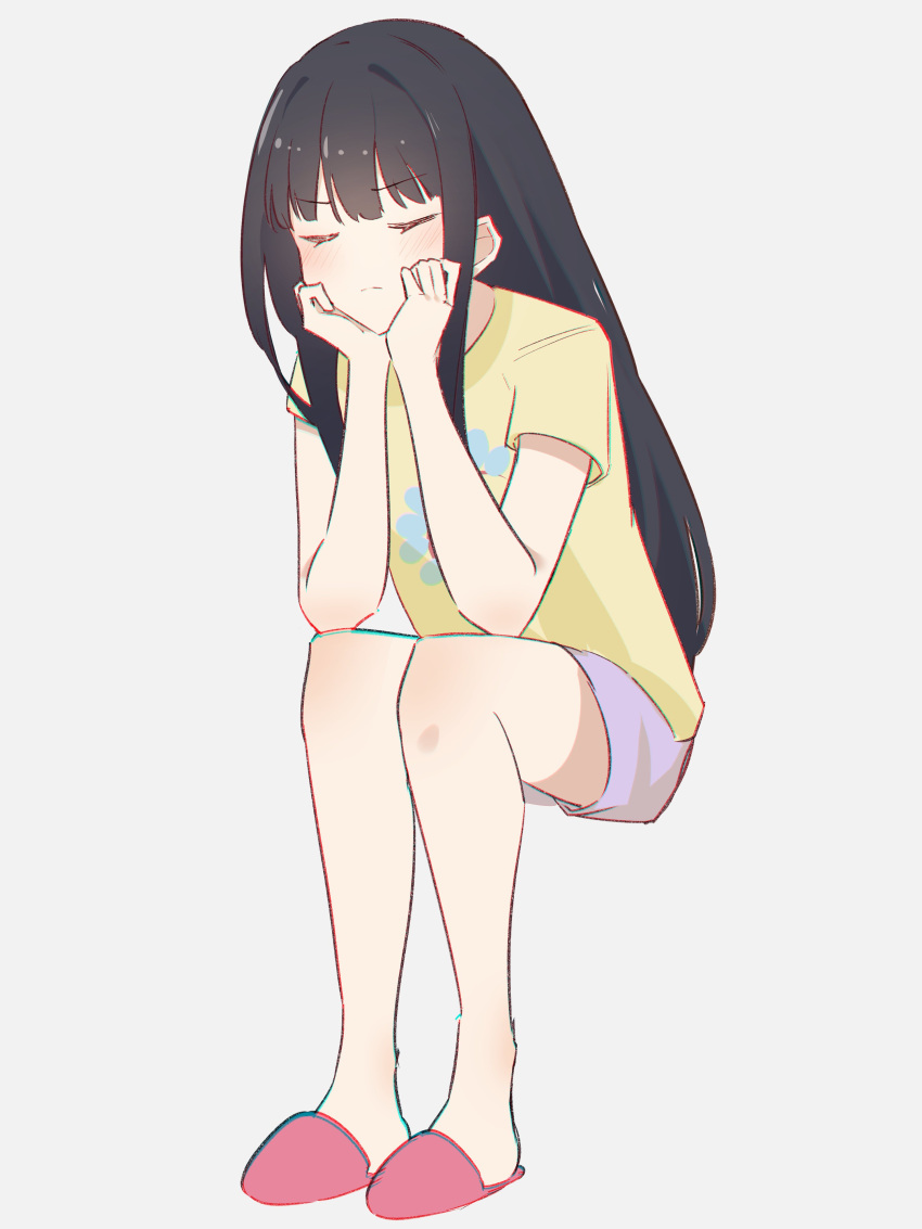 &gt;:( 1girl absurdres anime_oekaki13 annoyed black_hair closed_eyes hands_on_own_chin head_rest highres inoue_takina long_hair lycoris_recoil pink_footwear shirt shorts sitting slippers solo t-shirt v-shaped_eyebrows yellow_shirt