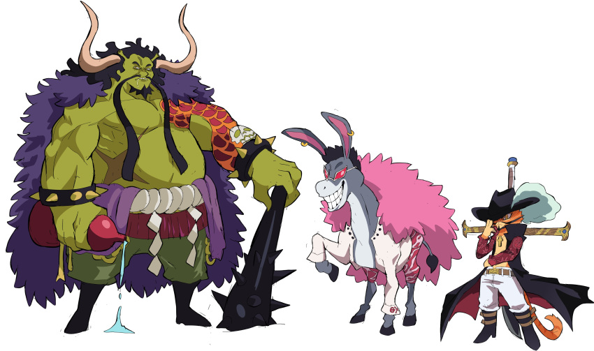 3boys absurdres arm_tattoo armlet beard black_coat black_hair bottle capri_pants cat coat colored_skin cosplay cross cross_necklace crossover cyberlord1109 donkey donkey_(shrek) donquixote_doflamingo donquixote_doflamingo_(cosplay) dracule_mihawk dracule_mihawk_(cosplay) earrings facial_hair fur_coat furry green_skin grin hat_feather highres holding holding_bottle horns jewelry kaidou_(one_piece) kaidou_(one_piece)_(cosplay) multiple_boys mustache necklace ogre one_piece pants puss_in_boots_(shrek) rope sake_bottle scar scar_on_stomach shimenawa shirt shrek shrek_(series) skull smile spiked_armlet sunglasses sword sword_behind_back tattoo teeth topless_male weapon white_background white_shirt