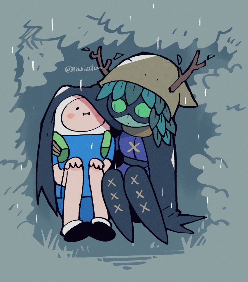 1boy 1girl adventure_time antlers backpack bag breasts cape closed_mouth colored_sclera colored_skin commentary eye_mask finn_the_human green_eyes green_hair green_sclera green_skin hair_branch hetero highres hood huntress_wizard leaf mask plant_hair rain rariatto_(ganguri) shorts simple_background slit_pupils symbol-only_commentary