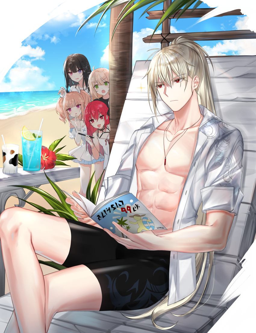 1boy 4girls :o :p bai_winchester bare_pectorals beach black_hair black_male_swimwear blonde_hair blue_sky book chair closed_mouth closers clouds collared_shirt crossed_legs cup dress drinking_glass drinking_straw expressionless feet_out_of_frame flower food fruit green_eyes heterochromia highres holding holding_book holding_magazine holding_pen jammers jewelry leaf lemon lemon_slice long_hair looking_at_another lounge_chair luna_aegis_(closers) magazine_(object) male_swimwear medium_hair multiple_girls necklace ocean official_art on_chair open_clothes opening_book orange_hair pectorals pen pink_eyes ponytail red_eyes red_flower redhead seth_(closers) shirt short_sleeves sitting sky soma_(closers) sparkle standing stomach tongue tongue_out twintails v-shaped_eyebrows very_long_hair violet_eyes white_dress white_shirt wolfgang_schneider