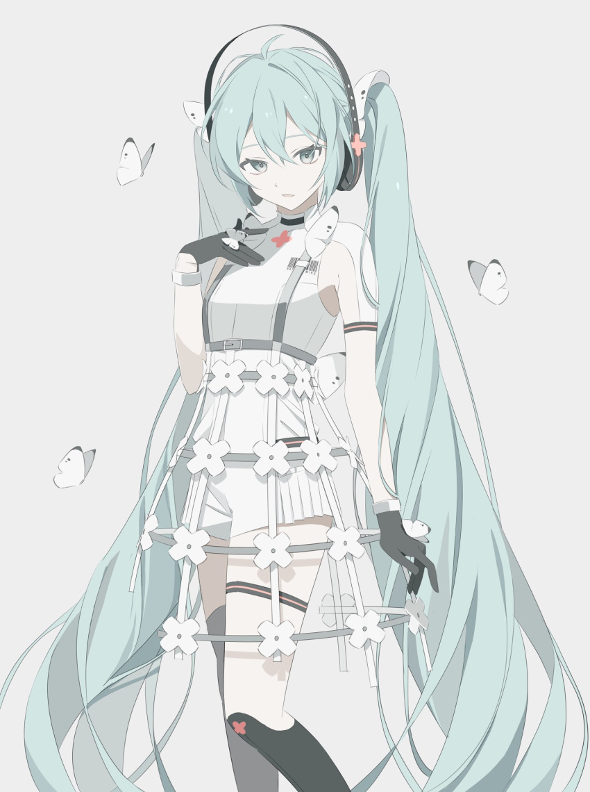 1girl azuki_(ckxs7444) black_gloves blue_eyes blue_hair bug butterfly commentary dress gloves grey_background hand_on_own_chest hatsune_miku headphones highres long_hair murozaki_melody_(project_sekai) project_sekai simple_background solo very_long_hair vocaloid white_butterfly white_dress