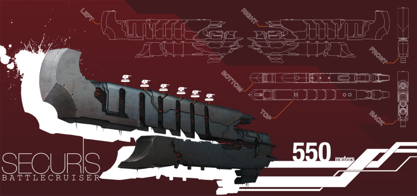 battlecruiser_(eve_online) cannon commentary concept_art eve_online from_side glowing highres military military_vehicle monochrome_background multiple_views no_humans original photoshop_(medium) red_background redicnomad science_fiction spacecraft thrusters turret vehicle_focus